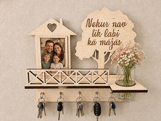 Personalizēts koka atslēgu turētājs ar foto rāmi un plauktiņu